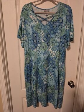 Catherines Blue & Green Printed Crisscross Neck Dress